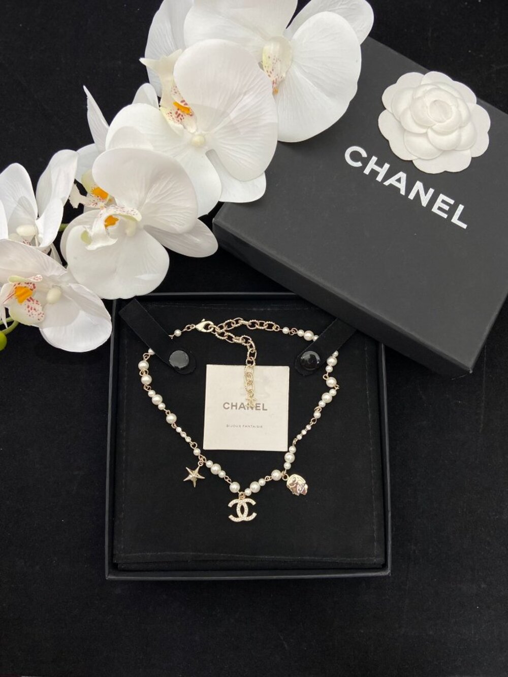 Chanel Pearl & Crystal Chain Necklace, CC Logo, Star & Camellia Charms